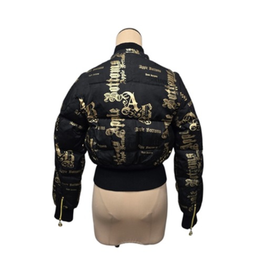 Apple Bottoms Jacket Womens Small Black Gold Puffer Bomber Logo Zip Down Feather - Picture 2 of 11